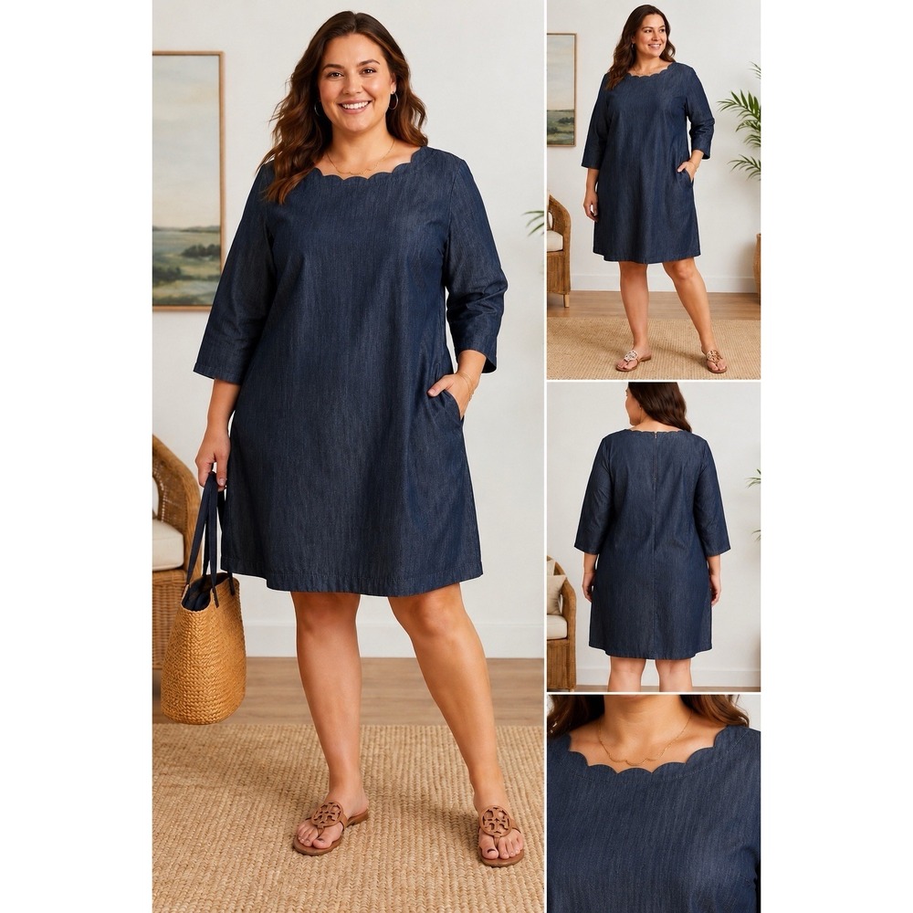 Talbots Denim Dress Women's 14W Dark Wash Chambray Shift Dress 3/4 Sleeve